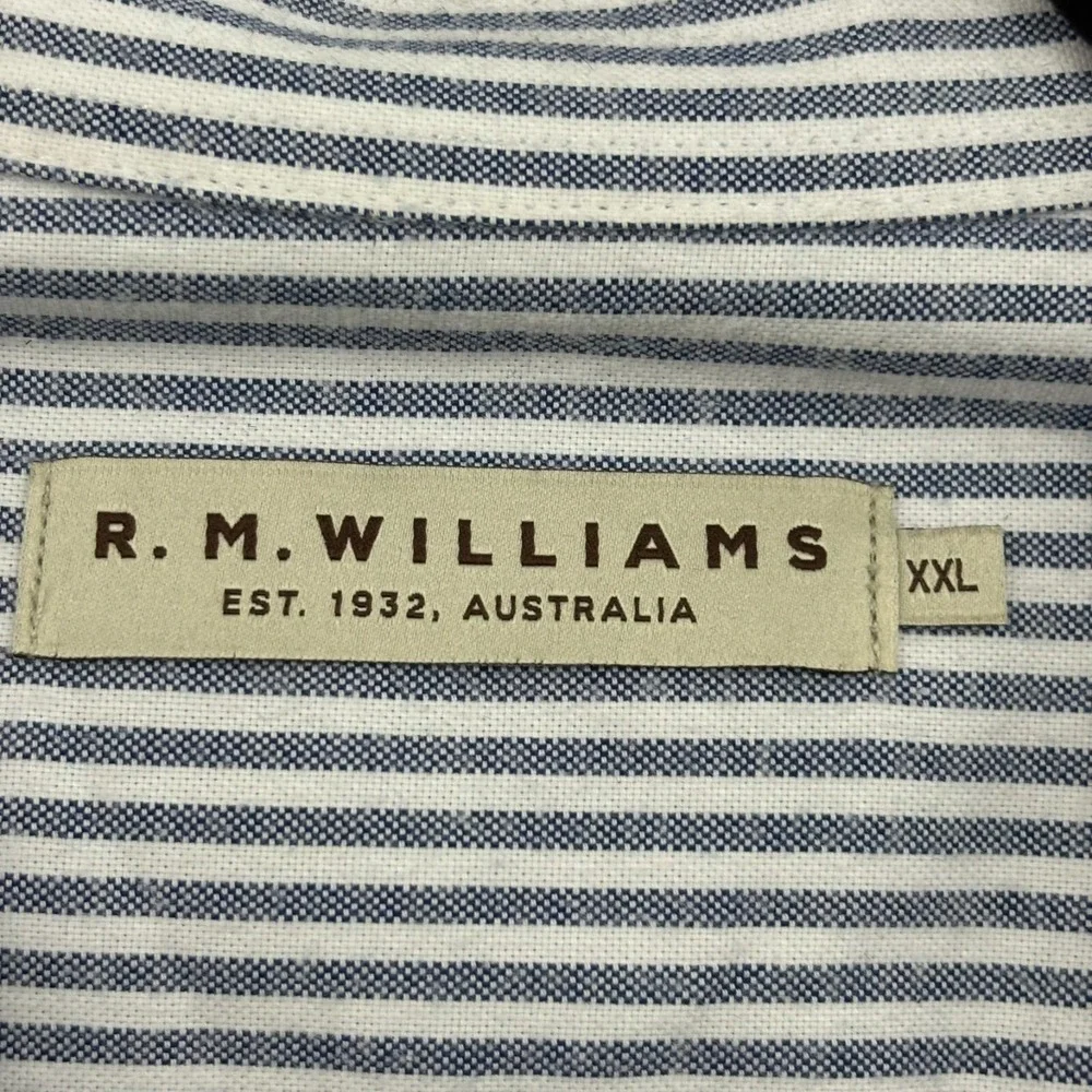 RM Williams Button Up Shirt Mens XXL‎ Blue Stripe Cotton Long Sleeve Casual Logo